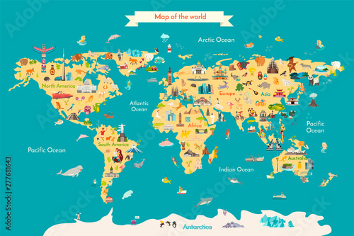 World map vector illustration with landmarks. Travel map with landmarks, animals and sight of country.