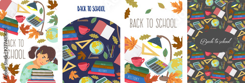 Fototapeta Naklejka Na Ścianę i Meble -  Back to school! Set vector illustrations for a poster, banner or card with stationery, books, schoolgirl, pencil, ruler, calculator and other