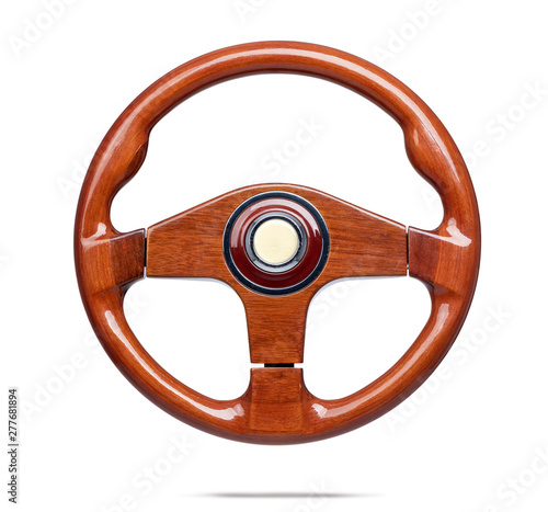 Fotografie, Tablou Old wooden steering wheel isolated on white background