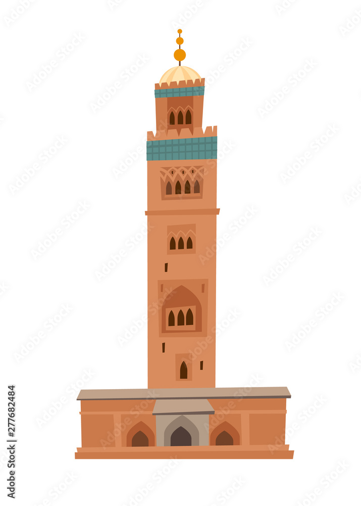 Mosque in Marrakech vector dooddle illustration. Mosque flat cartoon style icon isolated on white background