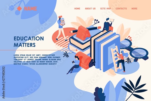 Vector concept banner with large books and small people in isometric projection. Landin page template, good for book store, library and educative courses
