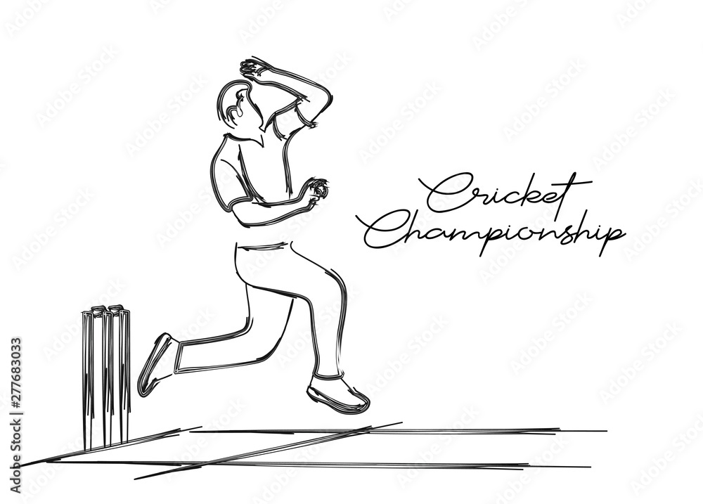 Bowler bowling in cricket championship sports. Line Art design - Vector Illustration.