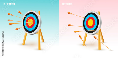 Arrows at the center of the target. Always dart in the target. And all miss the target goal. Failing to hit the target. Vector illustration. Isolated on white background.
