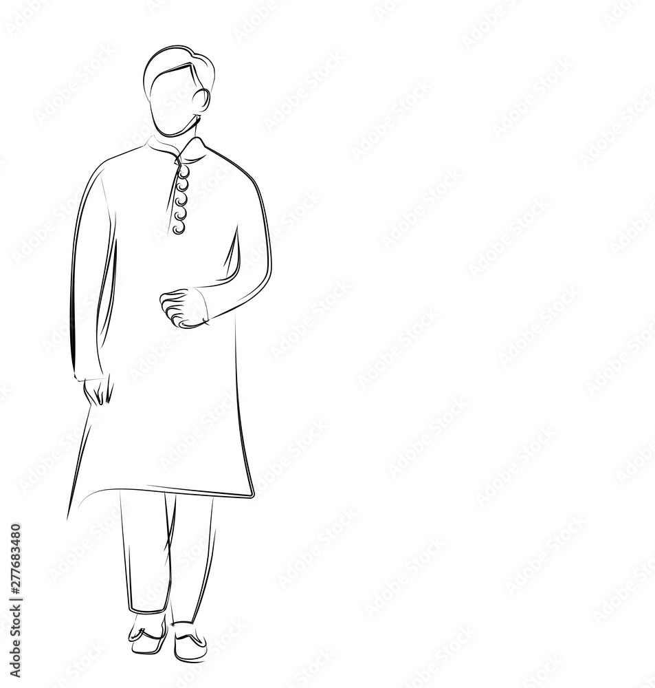 Man in Traditional Dress Flat line art Vector illustration.