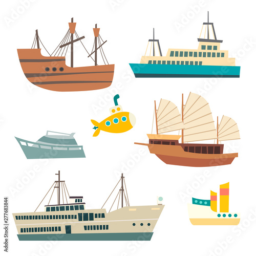 Sail and sheep vector illustration set. Submarine and marine transport flat cartoon style isolated on white background