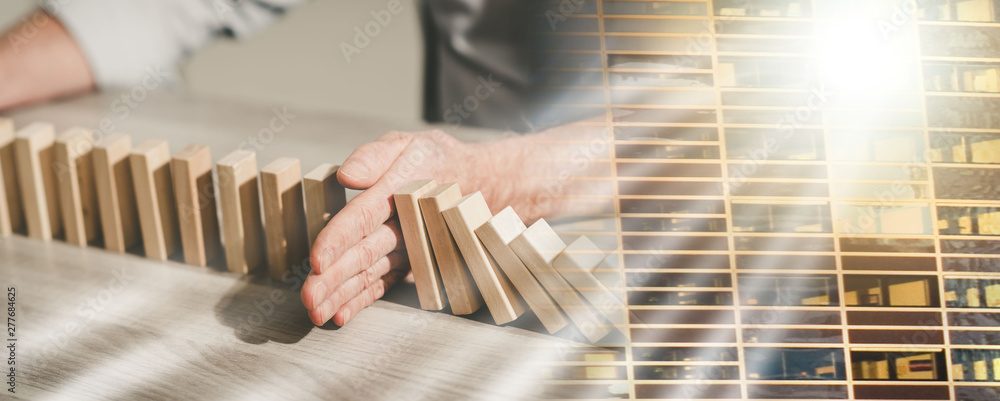 Concept of business control by stopping domino effect; multiple exposure