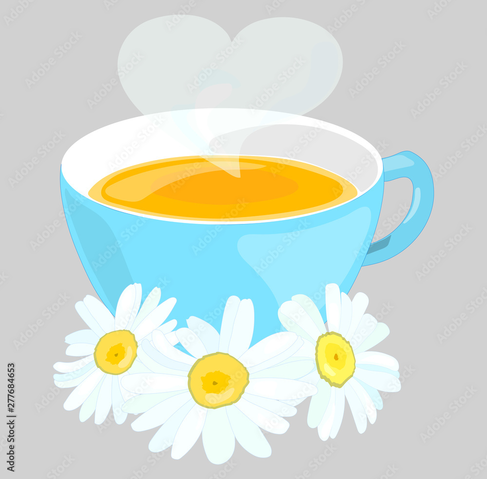 Chamomile. Chamomile tea. Blue mug of tea. Illustration Chamomile. Chamomile tea. Blue mug of tea. Illustration