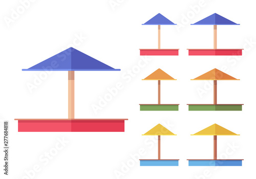 Sandbox set for children. Sandpit with shade cover to play in fresh outdoor air on playground or backyard. Vector flat style cartoon illustration isolated on white background, different views, colors