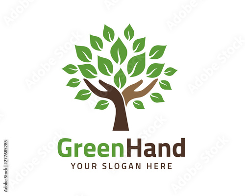 Human hands and tree with green leaves. Logo, symbol, icon, illustration, vector, template, design