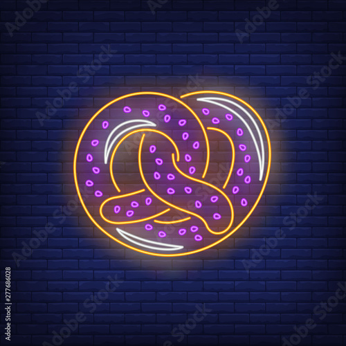 Salty pretzel neon sign. Oktoberfest, appetizer, food design. Night bright neon sign, colorful billboard, light banner. Vector illustration in neon style.