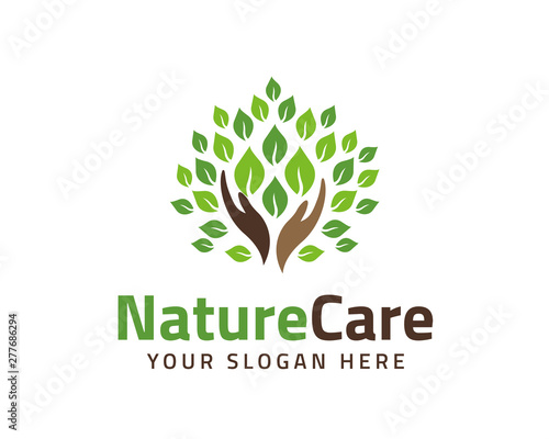 eco friendly icon with hands and green leaves - concept vector. The graphic illustration also represents nature protection, ecology, environment conservation, health.