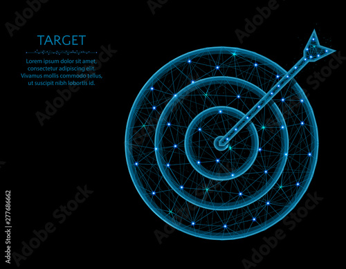 Target low poly model, Arrow and aim in polygonal style, get into the bullseye wireframe vector illustration made from points and lines on a black background
