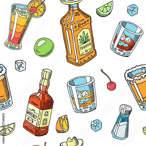 Tequila and whiskey drink liquid seamless pattern vector illustration. Alcohol with snacks, bottles. Cocktail and champagne. Cognac and juice with ice, cherry, lemon, lime.