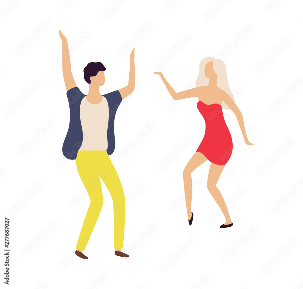People leading active night life vector, man and woman dancing in club isolated. Couple having fun flat style, dancers jumping and moving in rhythm