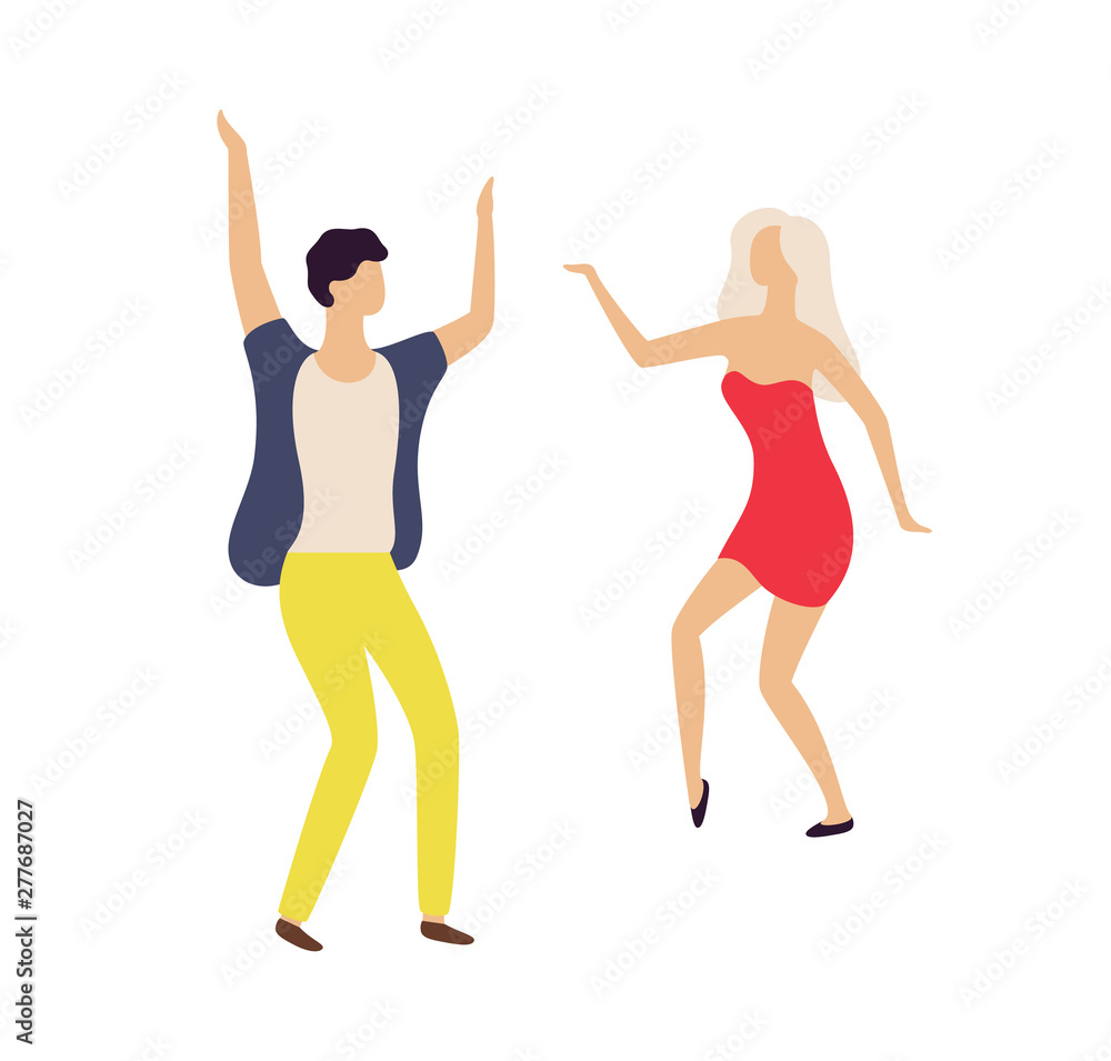 People leading active night life vector, man and woman dancing in club isolated. Couple having fun flat style, dancers jumping and moving in rhythm People leading active night life vector, man and woman dancing in club isolated. Couple having fun flat style, dancers jumping and moving in rhythm