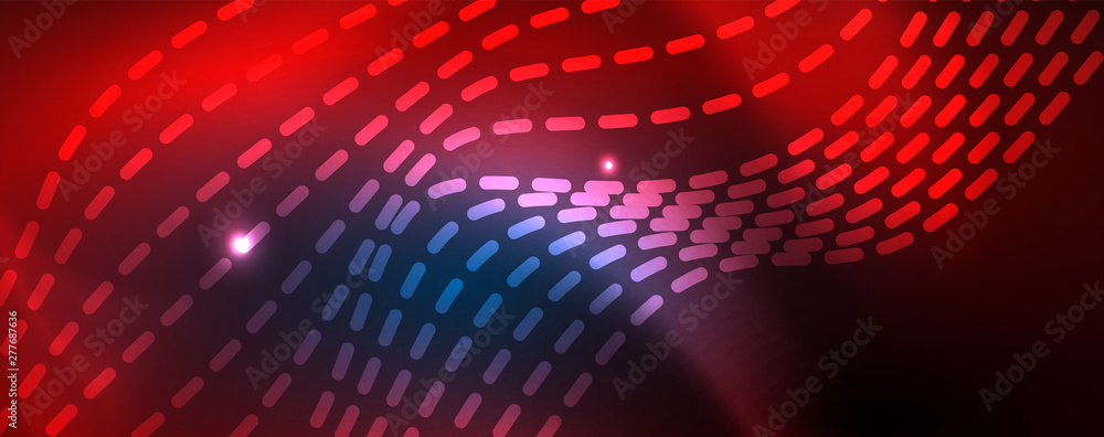 Fototapeta premium Smooth wave lines on blue neon color light background. Glowing abstract wave on dark, shiny motion, magic space light