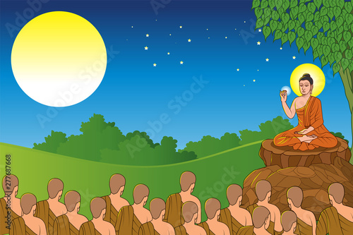 Buddha sitting under the Bodhi tree with monks