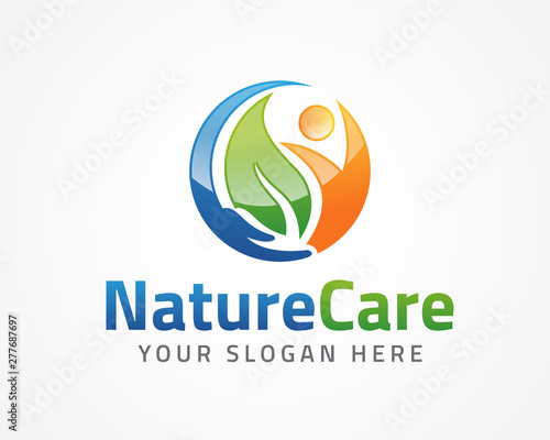 Hand leaf People Logo, icon and Sign Vector in Nature Care Concept-health care logo vector template
