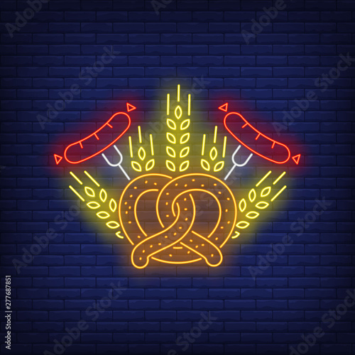 Pretzel, sausages and barley ears neon sign. Oktoberfest, appetizer, party design. Night bright neon sign, colorful billboard, light banner. Vector illustration in neon style.