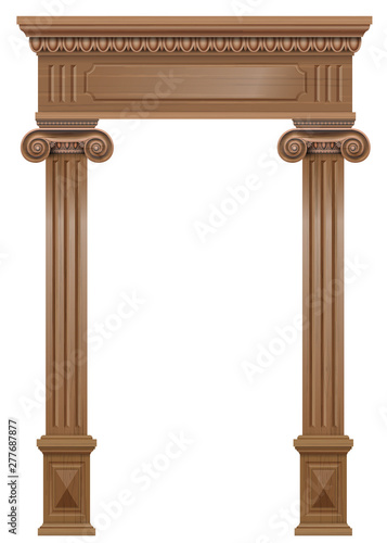 Wooden arch of portal door with columns