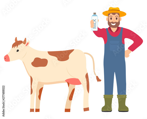 Bottled milk vector, milkman showing organic product in hands, cow and farmer isolated character flat style. Agriculture and husbandry farming male