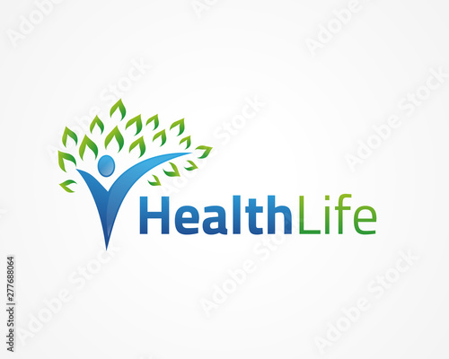 healthy life logo, people with leaf flat logo design