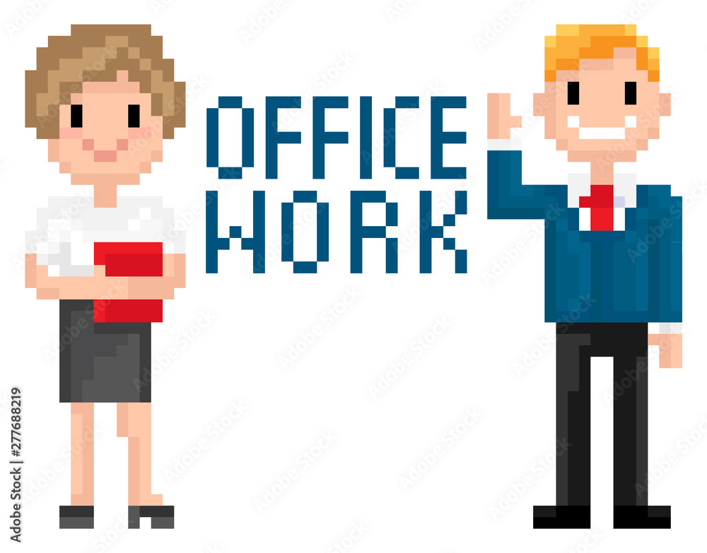 Office work poster decorated by pixelated man and woman workers in suit, portrait view of employees characters, 8 bit people cooperation, pixel business game vector Office work poster decorated by pixelated man and woman workers in suit, portrait view of employees characters, 8 bit people cooperation, pixel business game vector