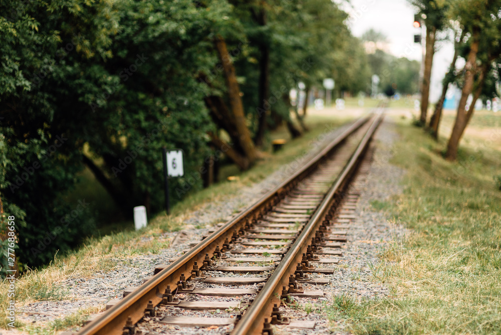 Old, rusty, abandoned railway rails, stretching into the distance.  Grass grows around the railroad tracks. Abandoned railway. Transport background.