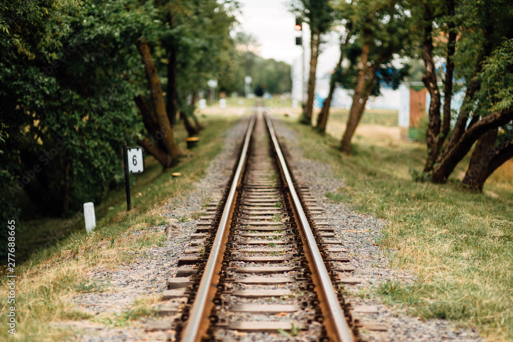 Old, rusty, abandoned railway rails, stretching into the distance.  Grass grows around the railroad tracks. Abandoned railway. Transport background.