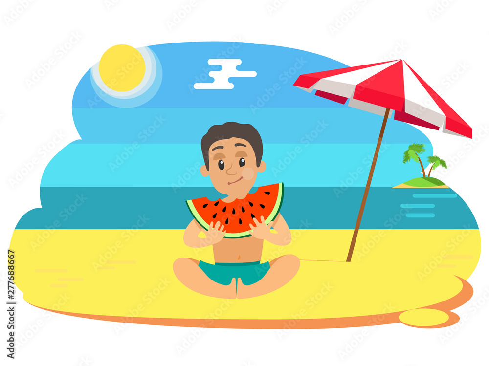 Fototapeta premium Boy eating watermelon on beach, teenager with full cheeks holding slice of summer fruit, sitting teenager in blue shorts, parasol and islands vector