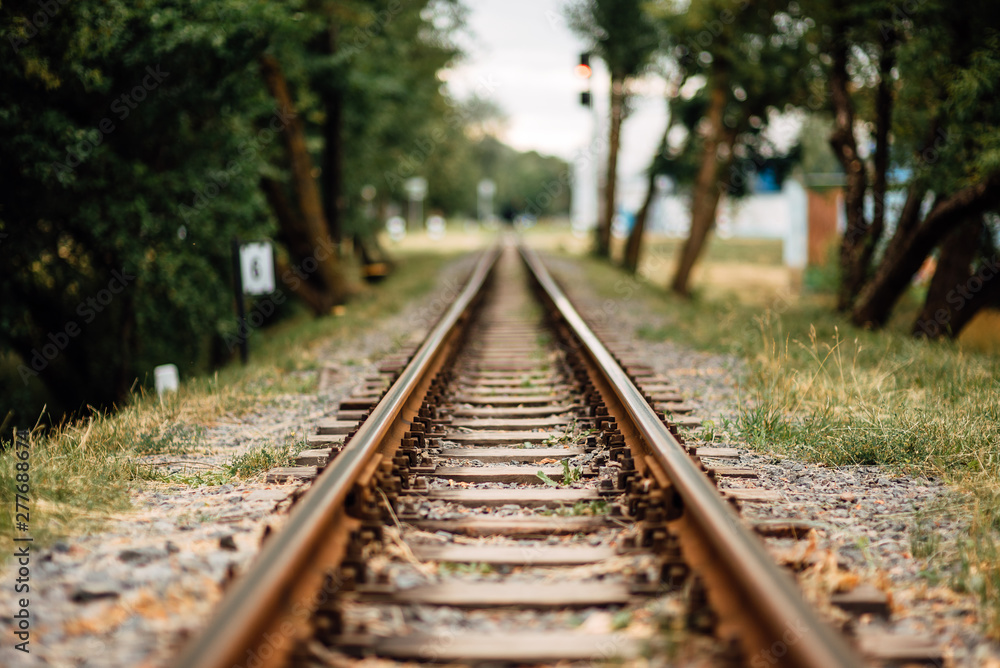 Old, rusty, abandoned railway rails, stretching into the distance. Grass grows around the railroad tracks. Abandoned railway. Transport background. Old, rusty, abandoned railway rails, stretching into the distance. Grass grows around the railroad tracks. Abandoned railway. Transport background.