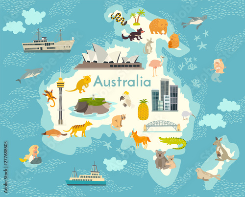 Australia continent, world vector map with landmarks cartoon illustration