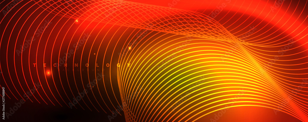 Bright neon circles and wave lines, glowing shiny background design template, digital techno concept. Bright neon circles and wave lines, glowing shiny background design template, digital techno concept.