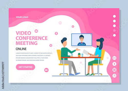 Video conference meeting online, modern communication with person, discussion reports, wireless device and workteam, face in screen, chat vector. Website or webpage template, landing page flat style