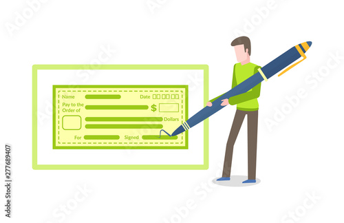 Empty coupon or blank form filling by person, name and day, pay and order, dollars and signed. Portrait view of man holding pen, green card in frame vector
