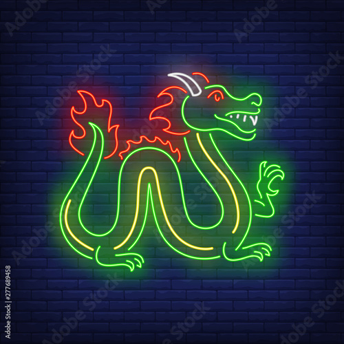 Bright dragon neon sign. Chinese, mythology, culture, fantasy design. Night bright neon sign, colorful billboard, light banner. Vector illustration in neon style.