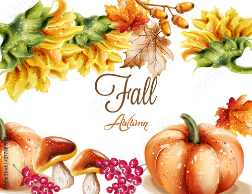 Autumn Fall card Vector watercolor. pumpkin, sunflower and mushrooms illustra...