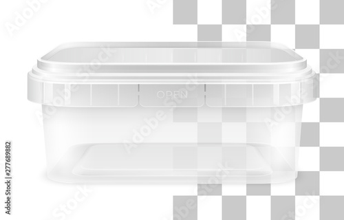 Vector transparent low rectangular empty plastic bucket. Front view.