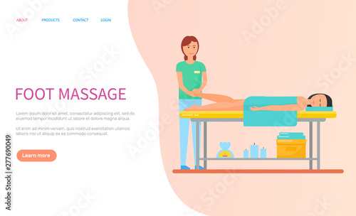 Masseuse making foot massage for client with towel. Flat webpage woman getting spa procedure, lying human on table, healthcare and relaxation vector