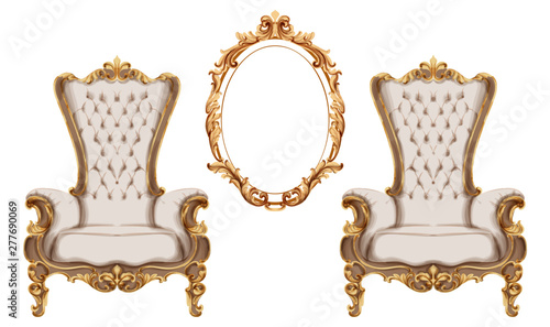 Baroque furniture set Vector watercolor. Luxurious ornaments French Luxury rich intricate structure. Victorian Royal Style decors