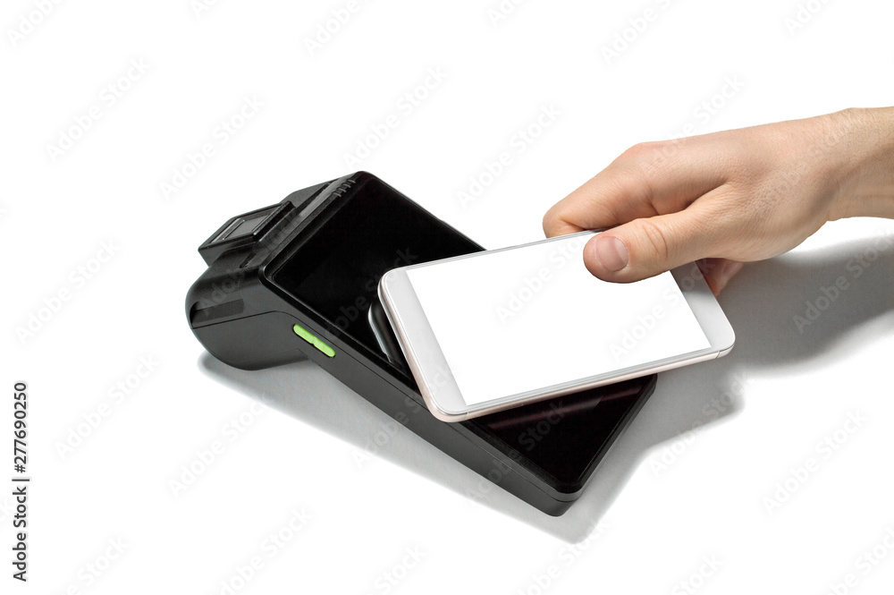 Manual credit card machine for small business. Portable touchscreen NFC payment terminal. Customer paying conactless with smartphone. Closeup, isolated on white background.