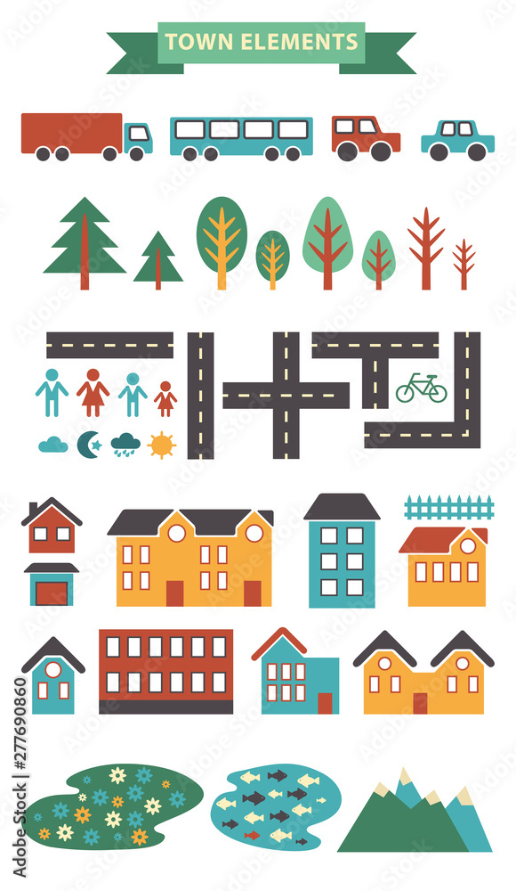 Town infographic elements. Vector city elements for create your own city map. Create your own town! Map elements for your pattern, web site or other type of design.Vector illustration