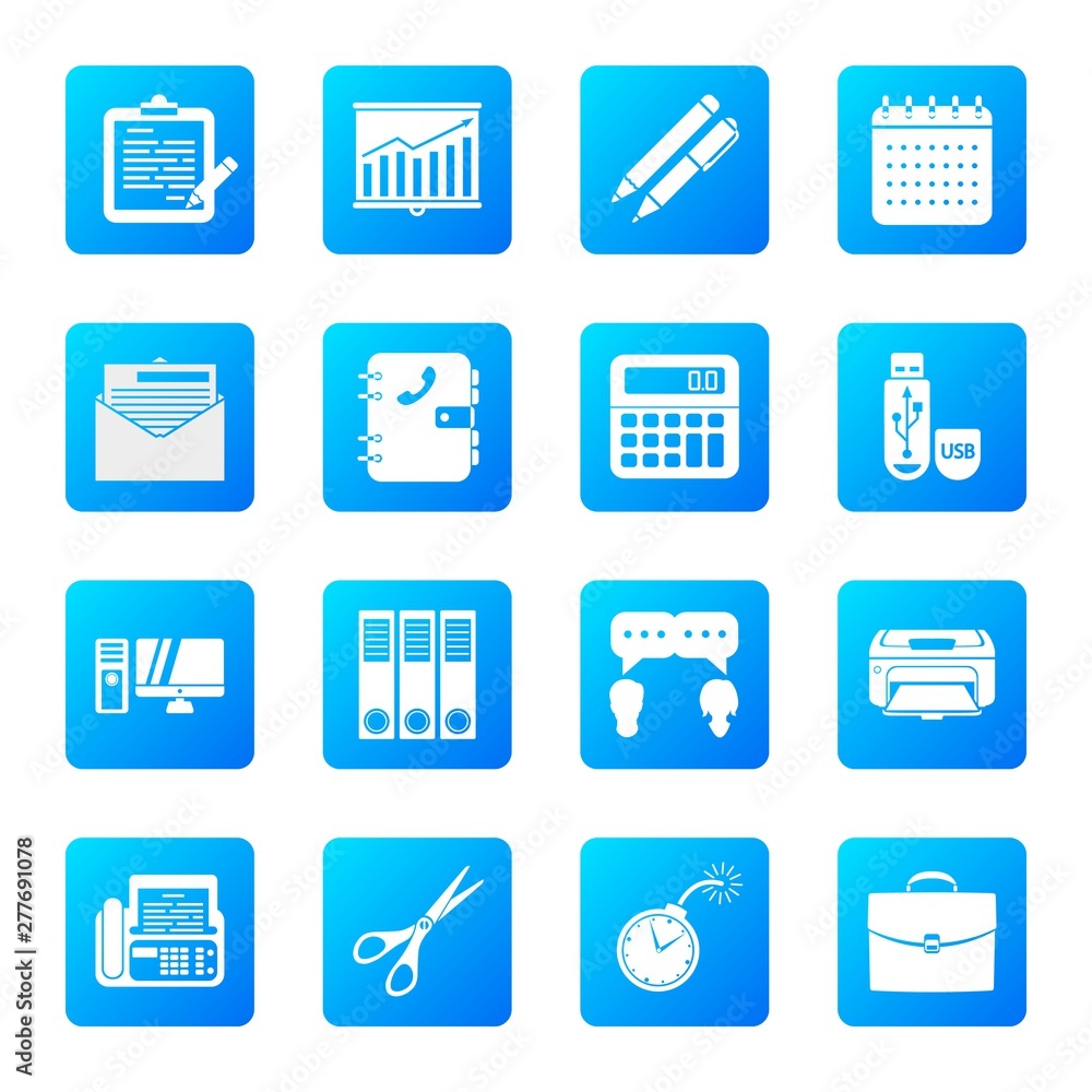 Set of office silhouette icons on blue gradient background. Vector flat illustration.