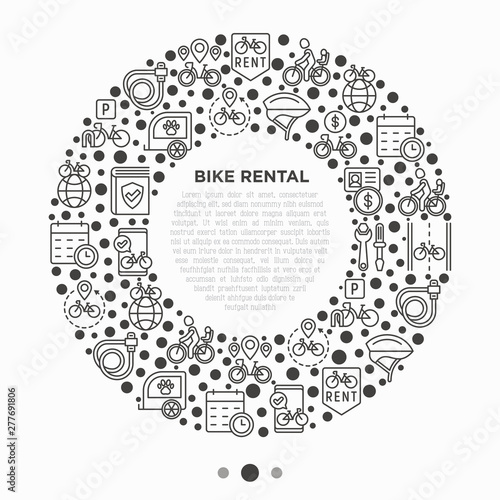 Bike rental concept in circle with thin line icons: rates, bicycle tours, pet trailer, padlock, helmet, child seat, sharing, pointer, deposit, mobile app, cycling route. Modern vector illustration.