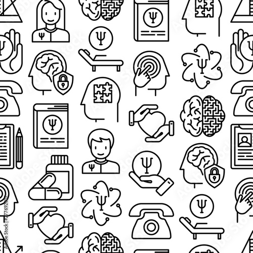 Psychologist seamless pattern with thin line icons: psychiatrist, disease history, armchair, pendulum, antidepressants, psychological support. Vector illustration.