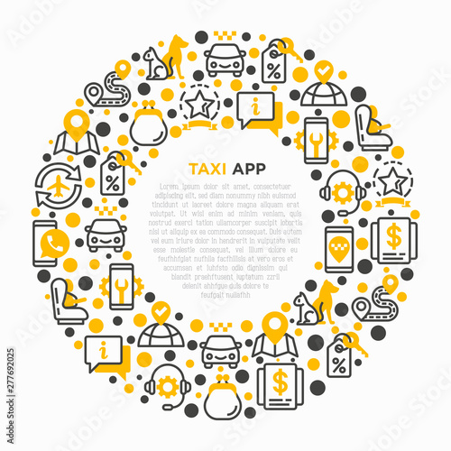 Taxi app concept in circle thin line icons: payment method, promocode, app settings, info, support service, phone number, destination, airport transfer, baby seat. Vector illustration for print media.