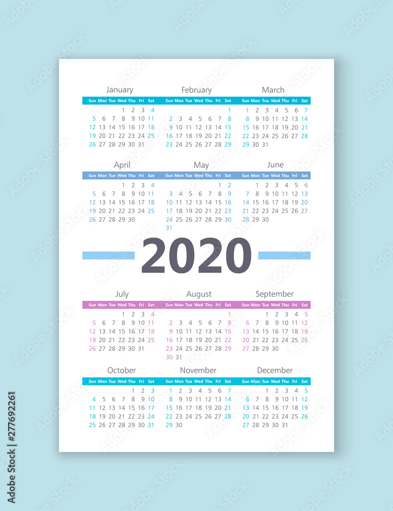 Vector calendar 2020 year. Week starts from Sunday Vector calendar 2020 year. Week starts from Sunday