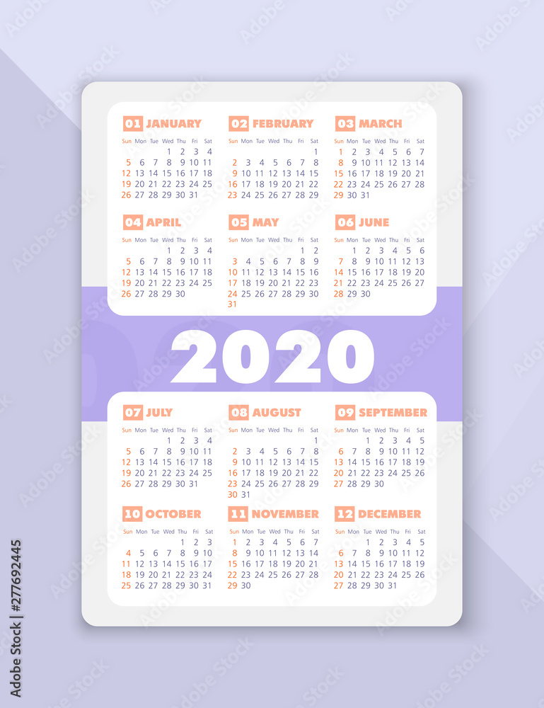 Vector calendar 2020 year. Week starts from Sunday Vector calendar 2020 year. Week starts from Sunday