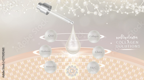 Hyaluronic acid plus multivitamins and minerals skin solutions ad, white collagen serum drop with cosmetic advertising background ready to use, illustration vector.