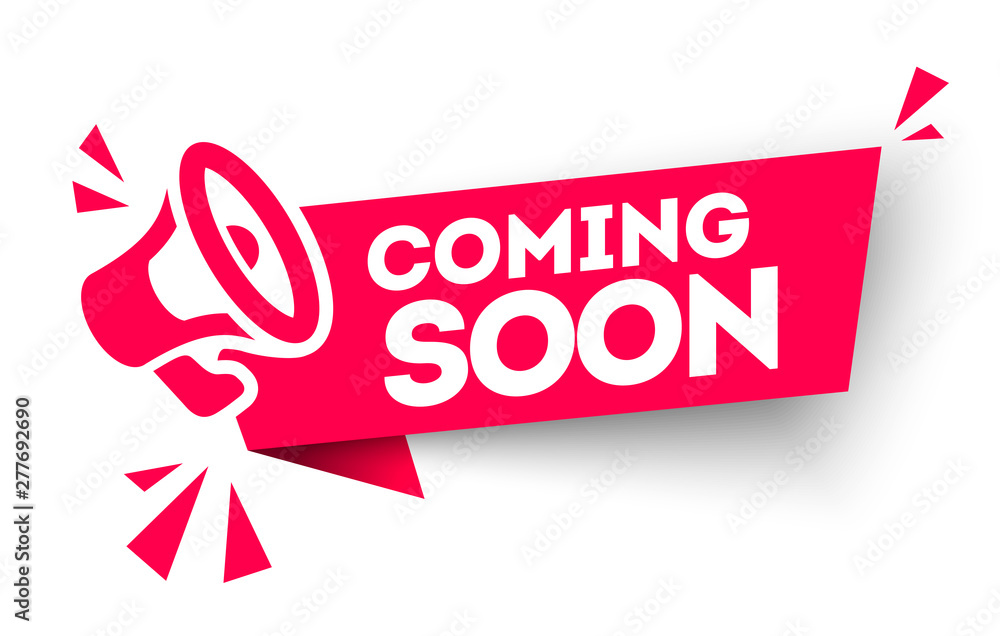 Modern red vector banner ribbon coming soon with megaphone. Web element. - obrazy, fototapety, plakaty 